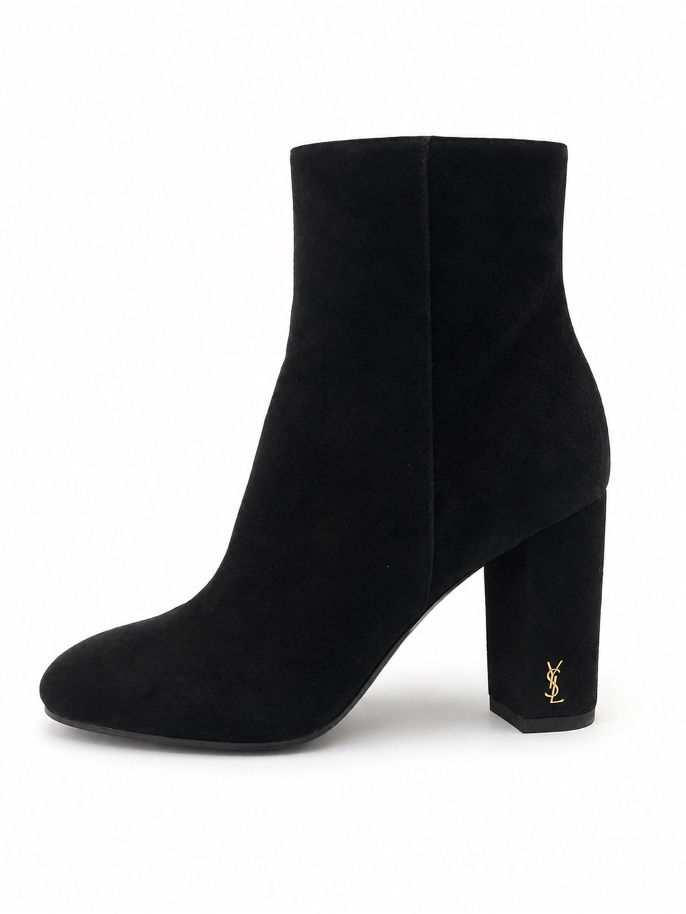 YSL Yves Saint Laurent Paris Black Suede Heeled Ankle Boot with Gold Logo Accent